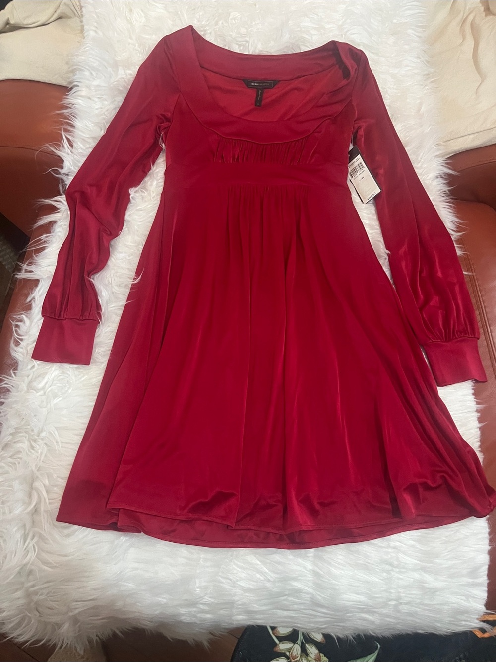 BCBGMaxAzria Red Long-Sleeve silky soft Fit & Flare Dress